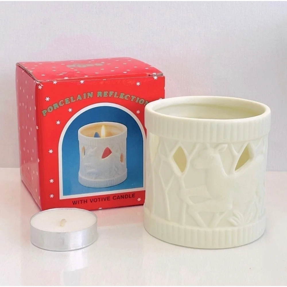 Russ Berrie Porcelain Deer Candle Holder Forest Ceramic Christmas Decor NIB